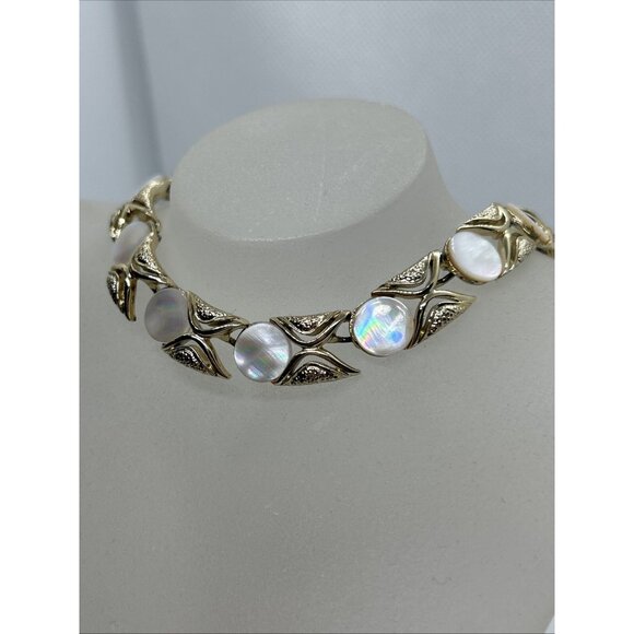 Vintage Gold Tone Mother Of Pearl Necklace 1950s Unsigned - Picture 2 of 8